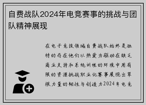 自费战队2024年电竞赛事的挑战与团队精神展现